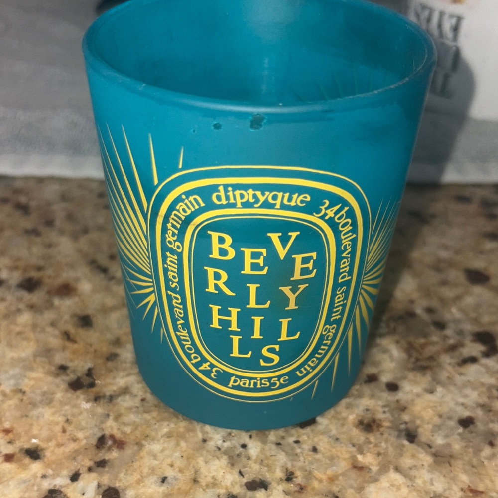 Diptyque Empty Teal Candle with Yellow Beverly Hills Design City collection